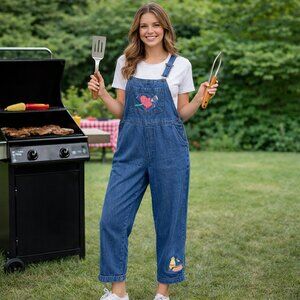 Vintage Mandal Bay Denim Overalls Womens L Hot Dog Embroidered Romper Cropped